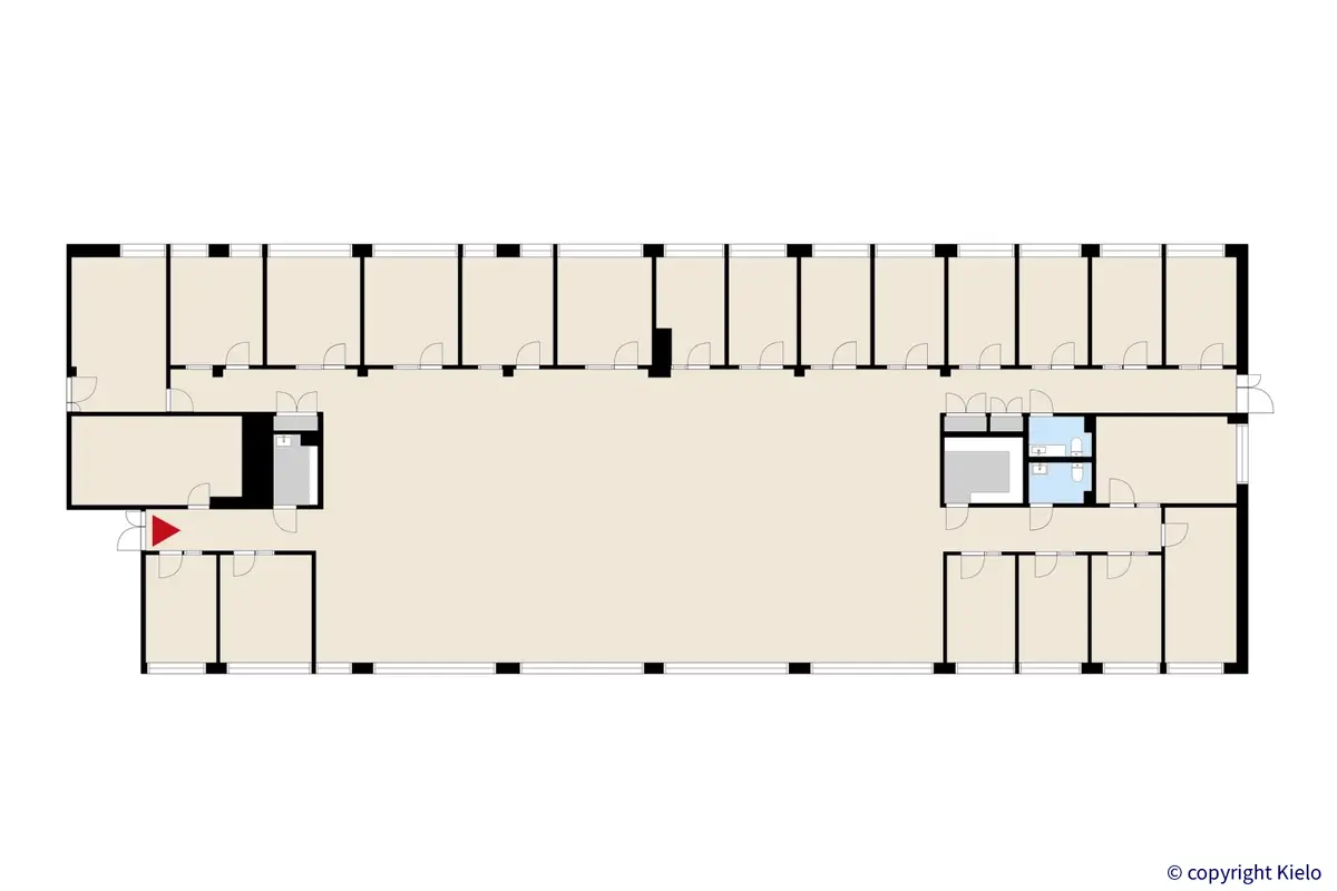Jyväskylän Ylistönmäentie 26. 4. kerroksen 580 m2 toimistotilan pohjakuva.
