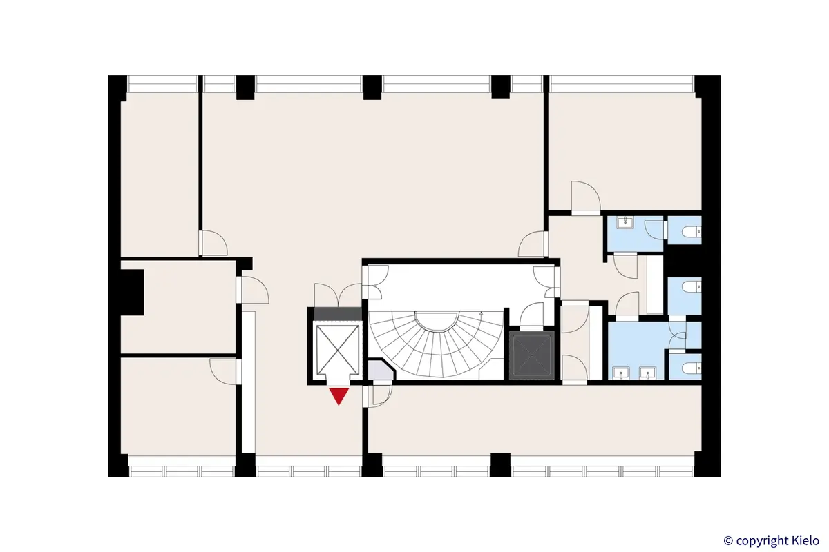 Porin Itäpuisto 7. 4. kerroksen 245 m2 toimistotilan pohjakuva.