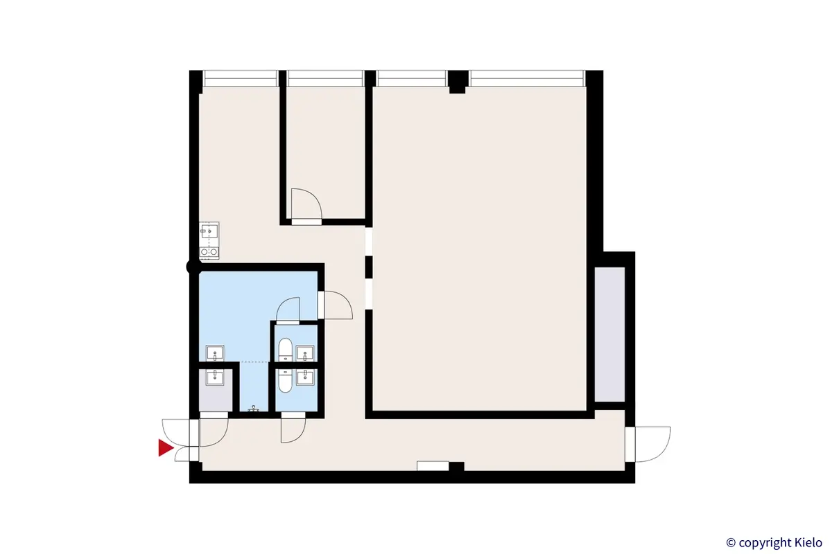 Kouvolan Kauppalankatu 9, 1. kerroksen 122 m2 toimitilan pohjakuva.