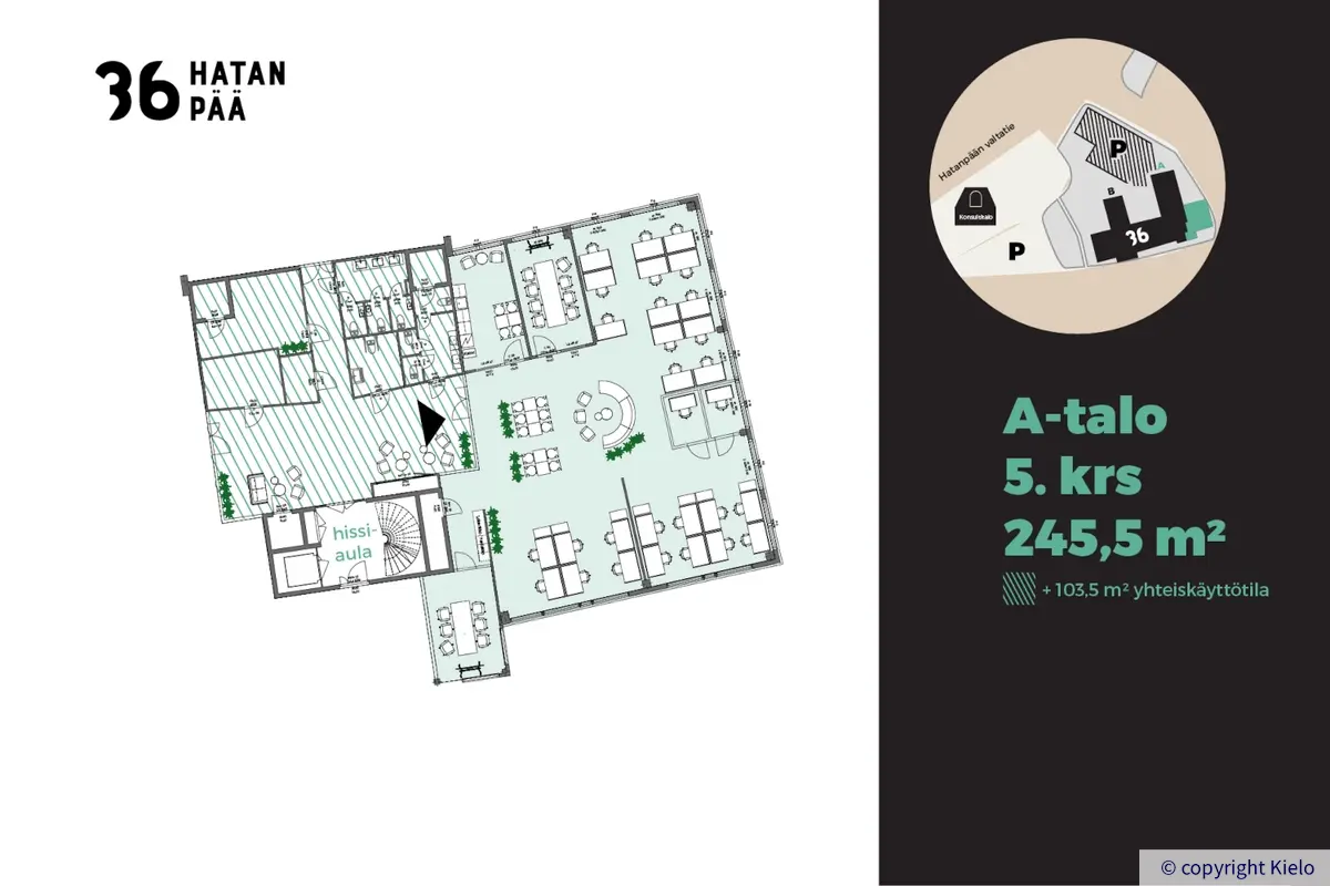 36Hatanpää viidennen kerroksen 245,5 m² tilan kalustettu pohjakuva.