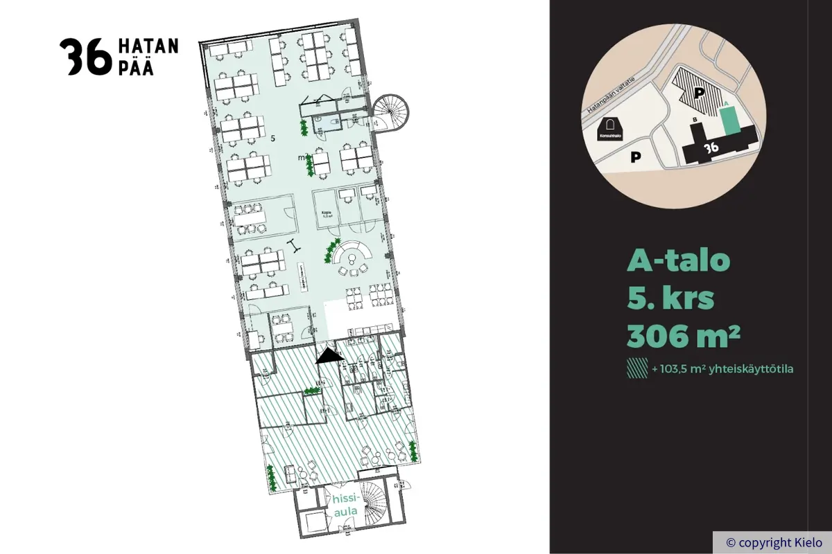 36Hatanpää viidennen kerroksen 306 m² tilan kalustettu pohjakuva.