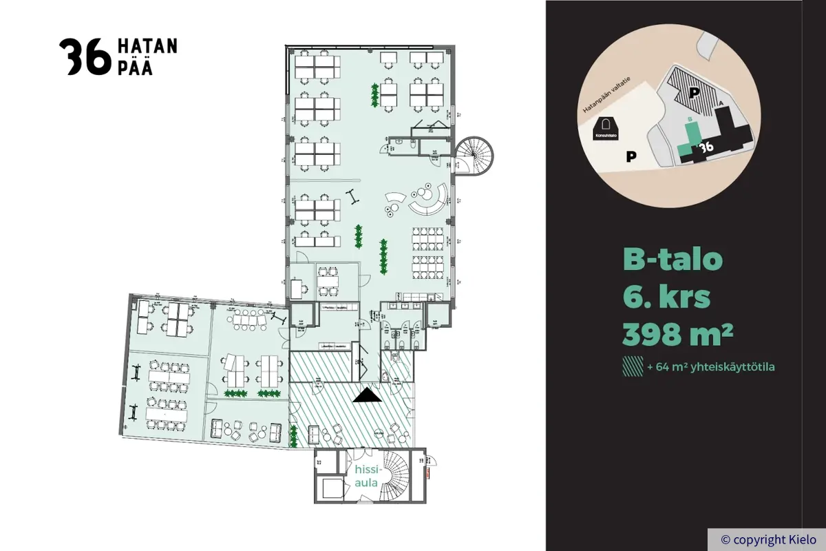 36Hatanpää kuudennen kerroksen 398 m² tilan kalustettu pohjakuva.