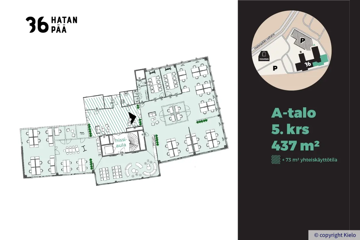 36Hatanpää viidennen kerroksen 437 m² tilan pohjakuva.