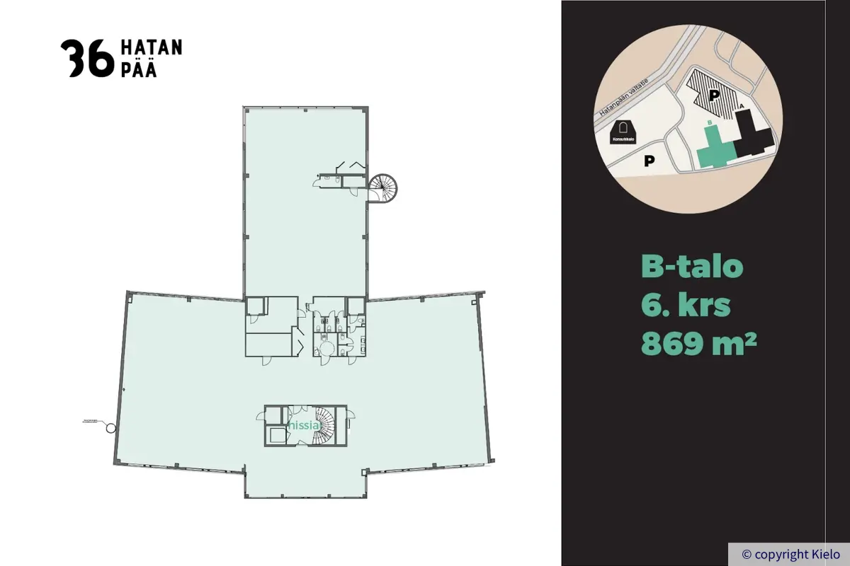 36Hatanpää kuudennen kerroksen 869 m² tilan pohjakuva.