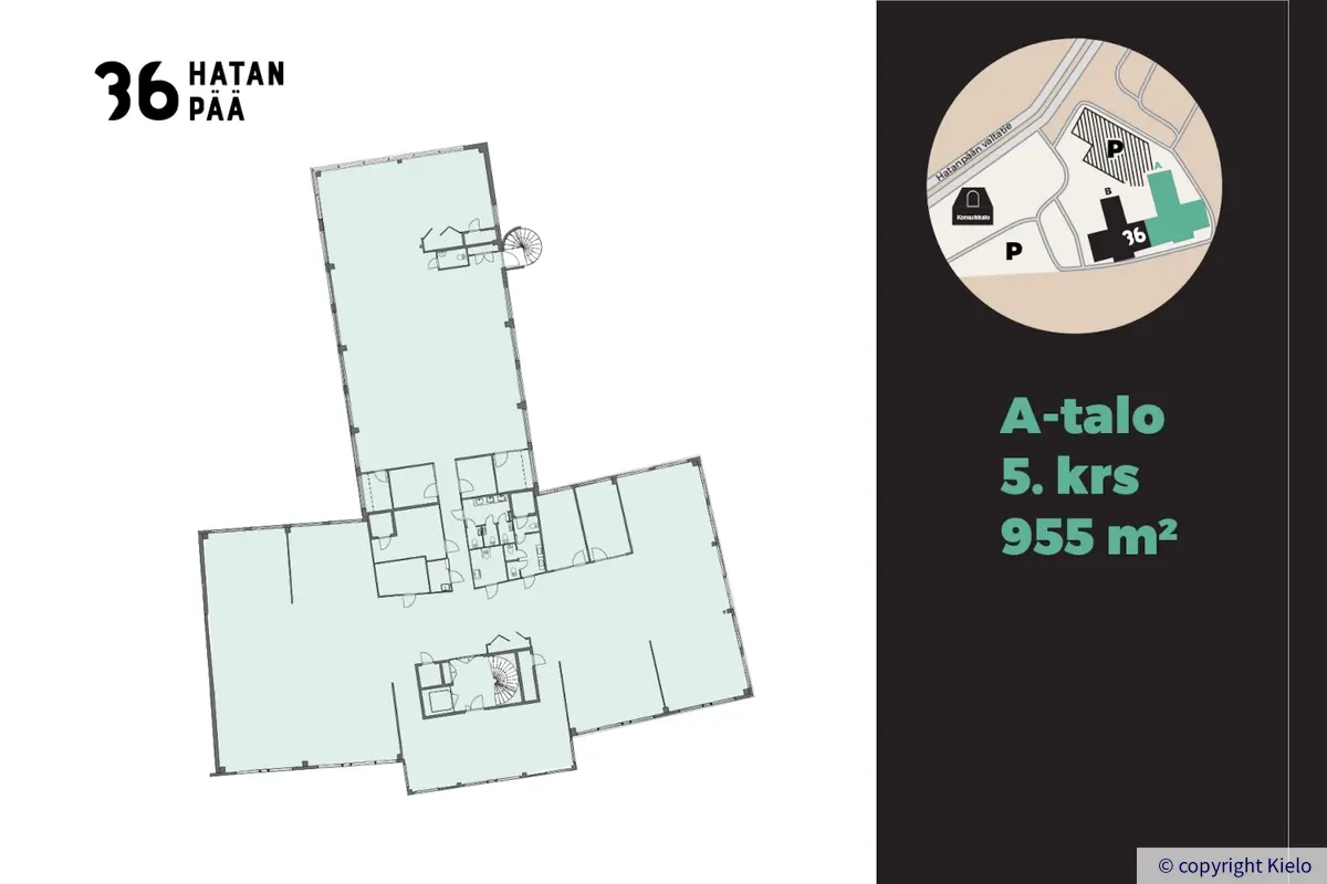 36Hatanpää viidennen kerroksen 955 m² tilan pohjakuva.