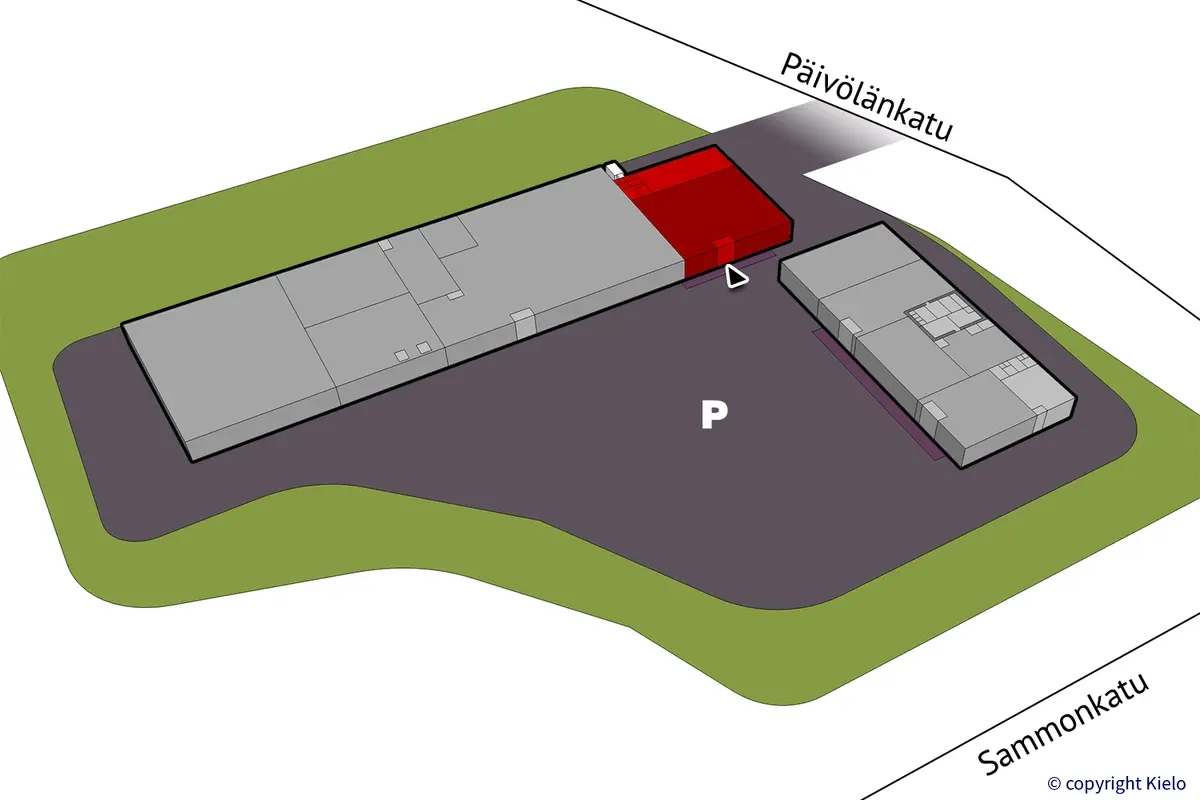 Seinäjoen Päivölänkatu 2 katutason 982 m2 liiketilan sijaintikuva. Tila on suuremman rakennuksen päädyssä.