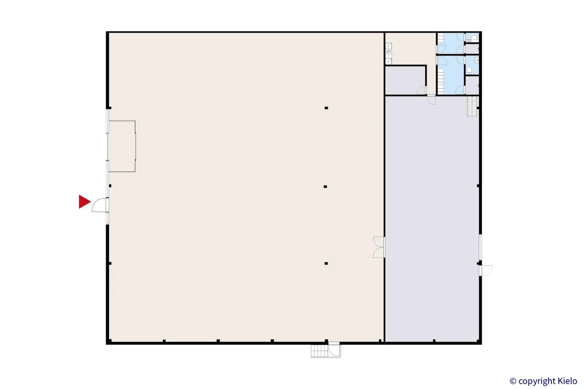 Seinäjoen Päivölänkatu 2 katutason 982 m2 liiketilan pohjakuva. Tilan takaosassa on varasto- ja taukotilat.
