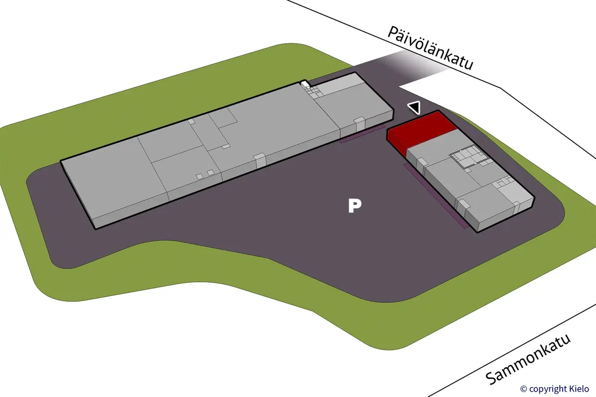 Seinäjoen Päivölänkatu 2 katutason 401 m2 liiketilan sijaintikuva. Tila on pienemmän rakennuksen päädyssä.