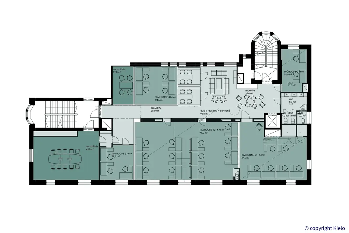 Puistonkulma kolmannen kerroksen 389 m2 toimitilan kalustettu pohjakuva.
