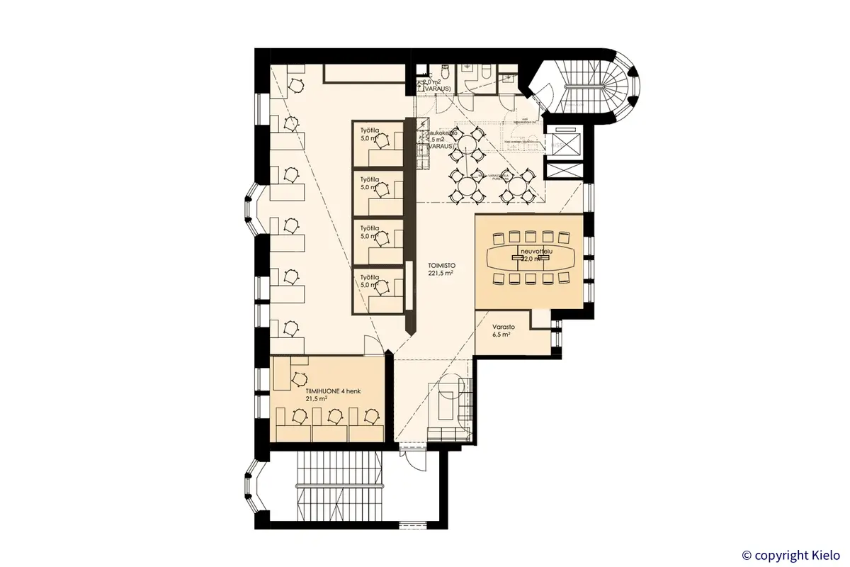 Puistonkulma toisen kerroksen 221 m2 toimitilan kalustettu pohjakuva.