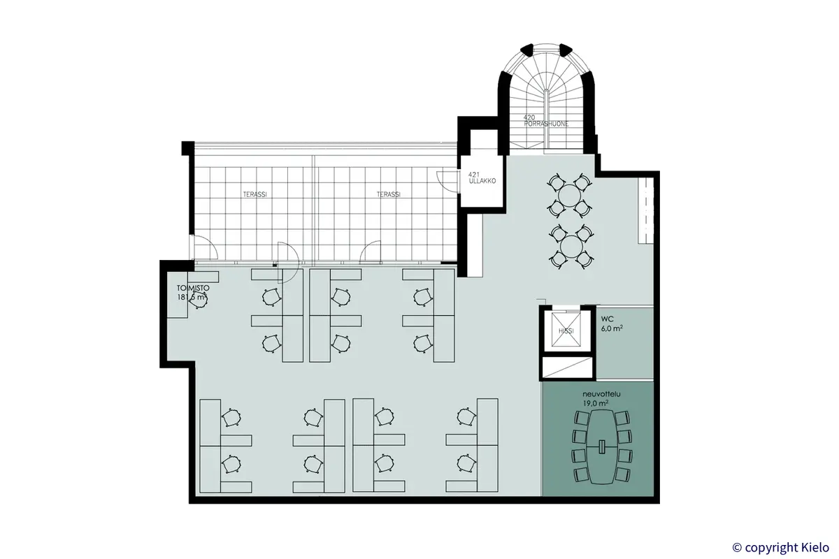 Puistonkulma neljännen kerroksen 181,5 m2 toimitilan kalustettu pohjakuva.