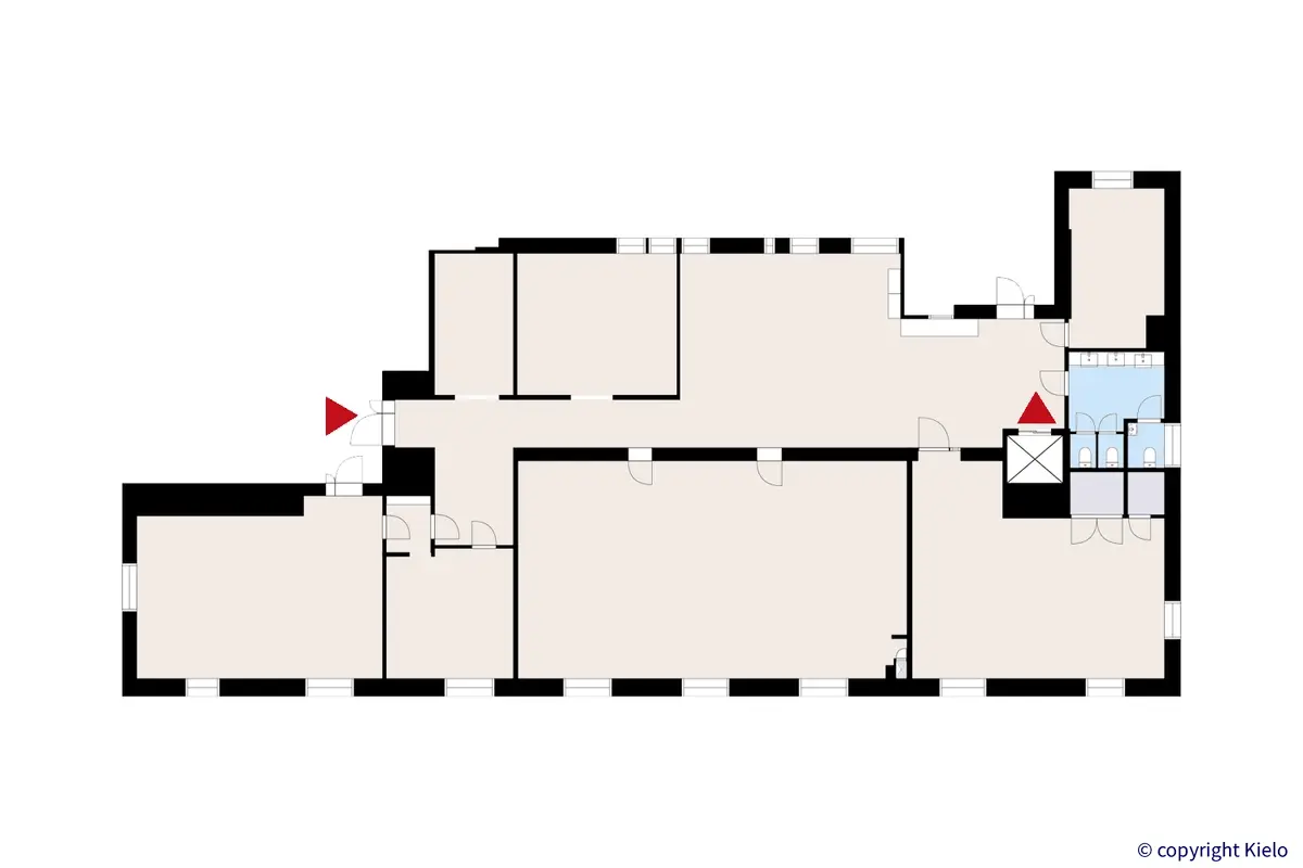 Puistonkulma kolmannen kerroksen 389 m2 toimitilan pohjakuva.