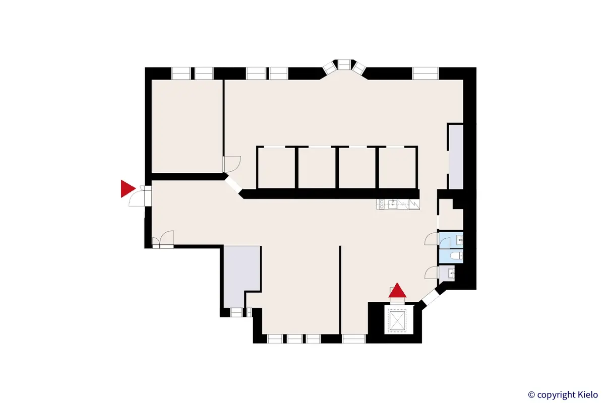 Puistonkulma toisen kerroksen 221 m2 toimitilan pohjakuva.