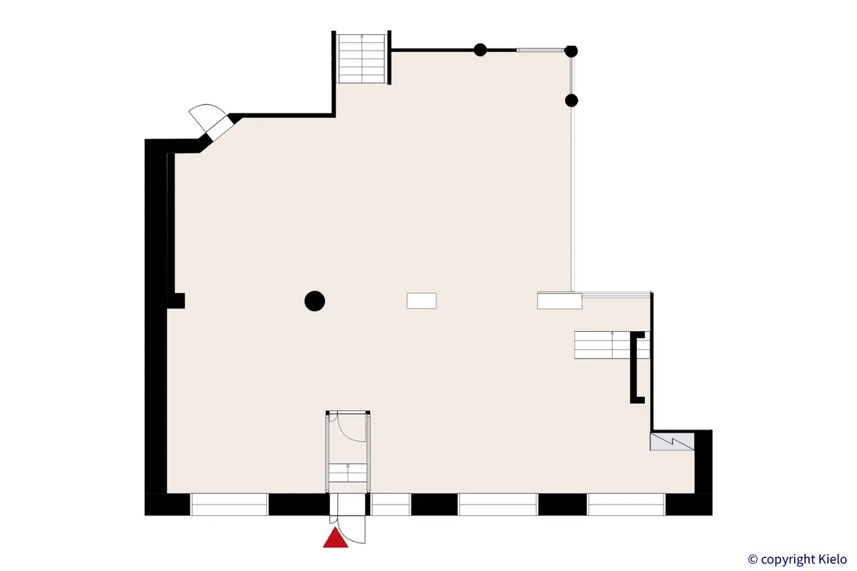 Puistonkulma ensimmäisen kerroksen 206 m2 toimitilan pohjakuva.
