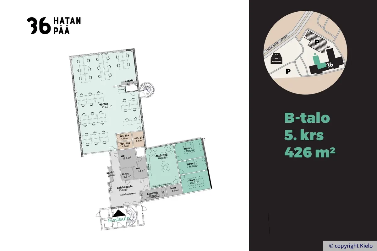 Tamteva viidennen kerroksen 426 m² tilan kalustettu pohjakuva.