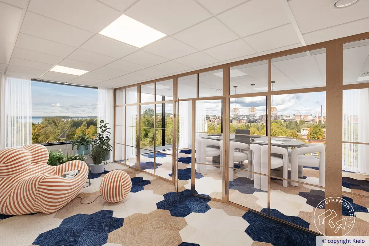 36Hatanpää digiremontoitu toimistotila, jossa lasiseinällä rajattu neuvottelutila.