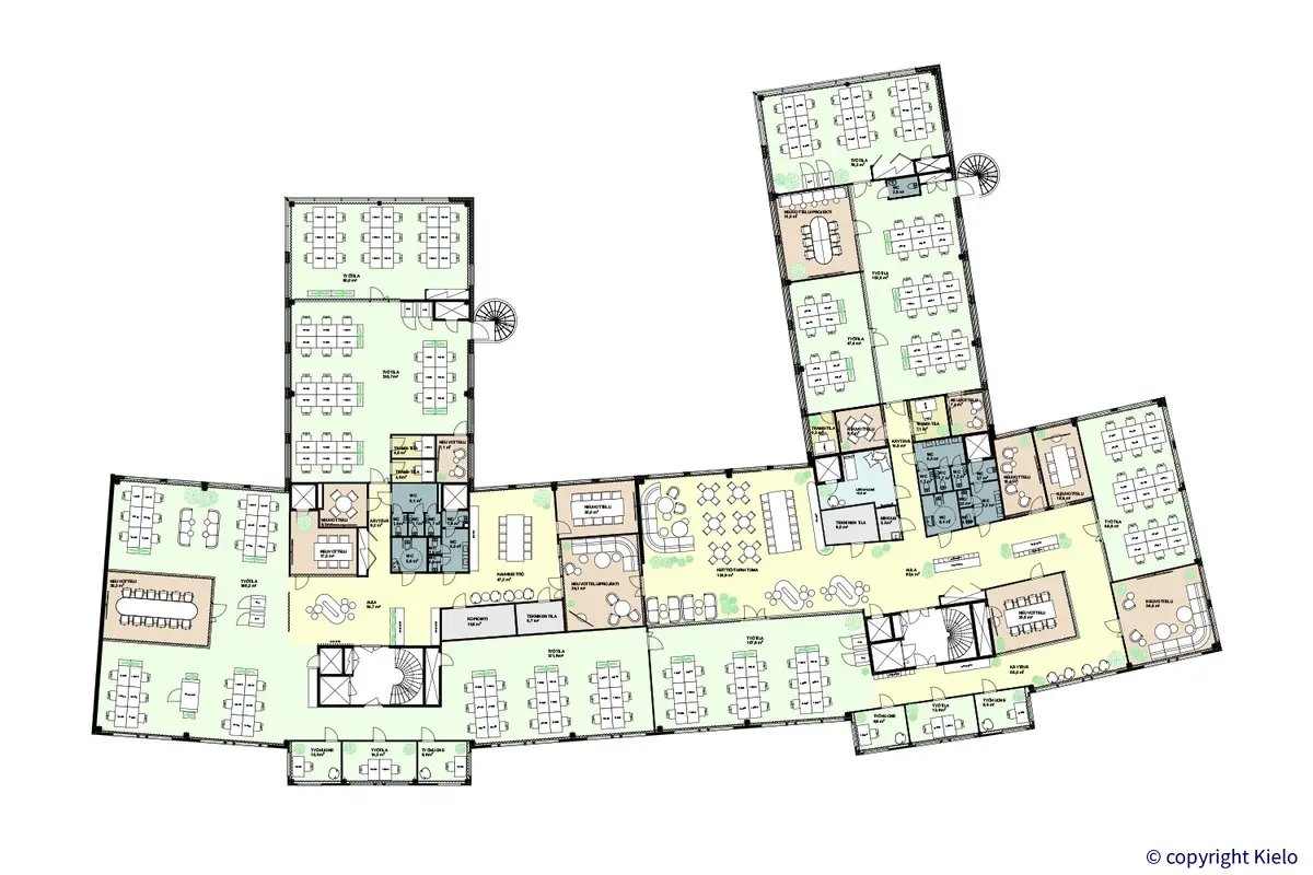 36Hatanpää koko 5. kerroksen kattavan 1823,5 m2 toimitilan kalustettu pohjakuva