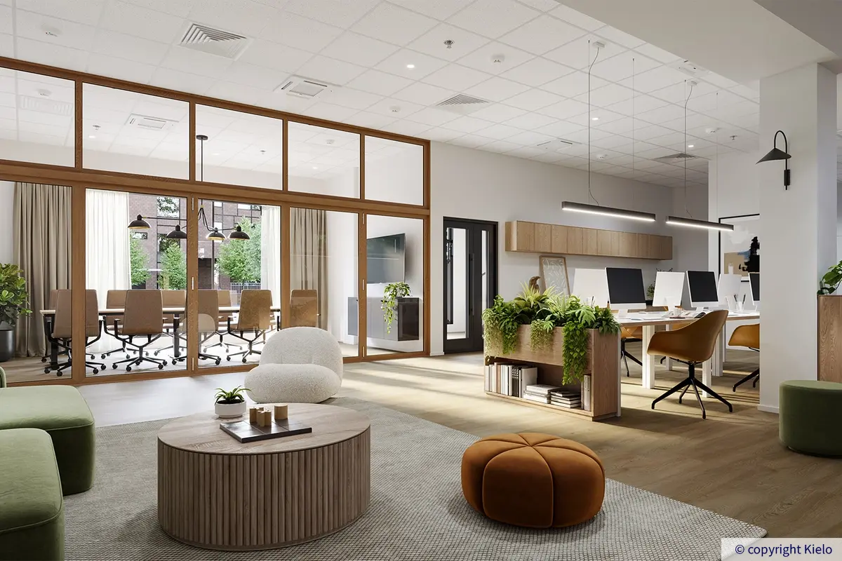 Visualisointikuva Kauppakaari ensimmäisen kerroksen toimitilasta pankkikonttorina.