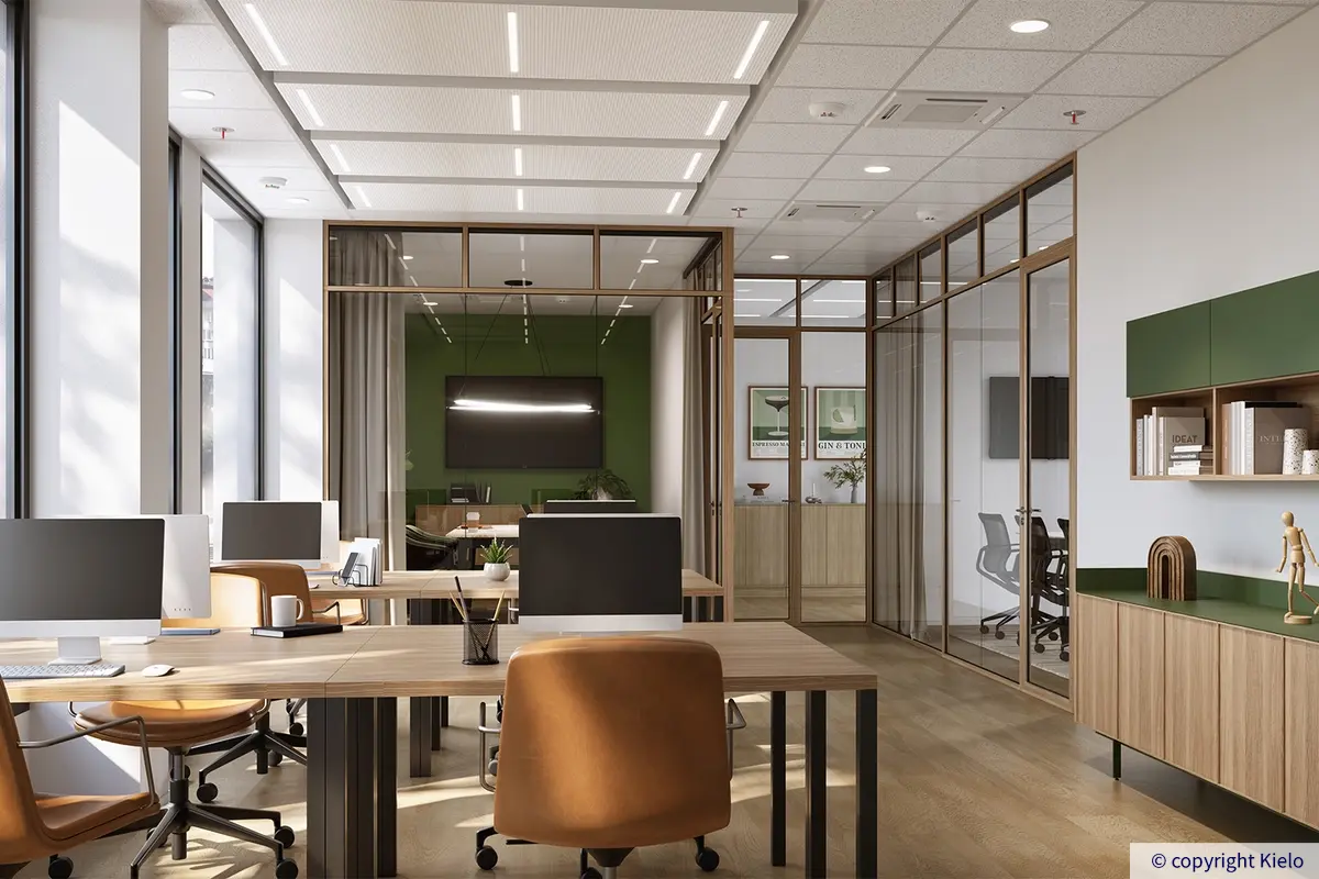 Kauppakaari toisen kerroksen toimistotila visualisointikuvassa. Valoisassa toimitilassa on lämpimiä puupintoja.