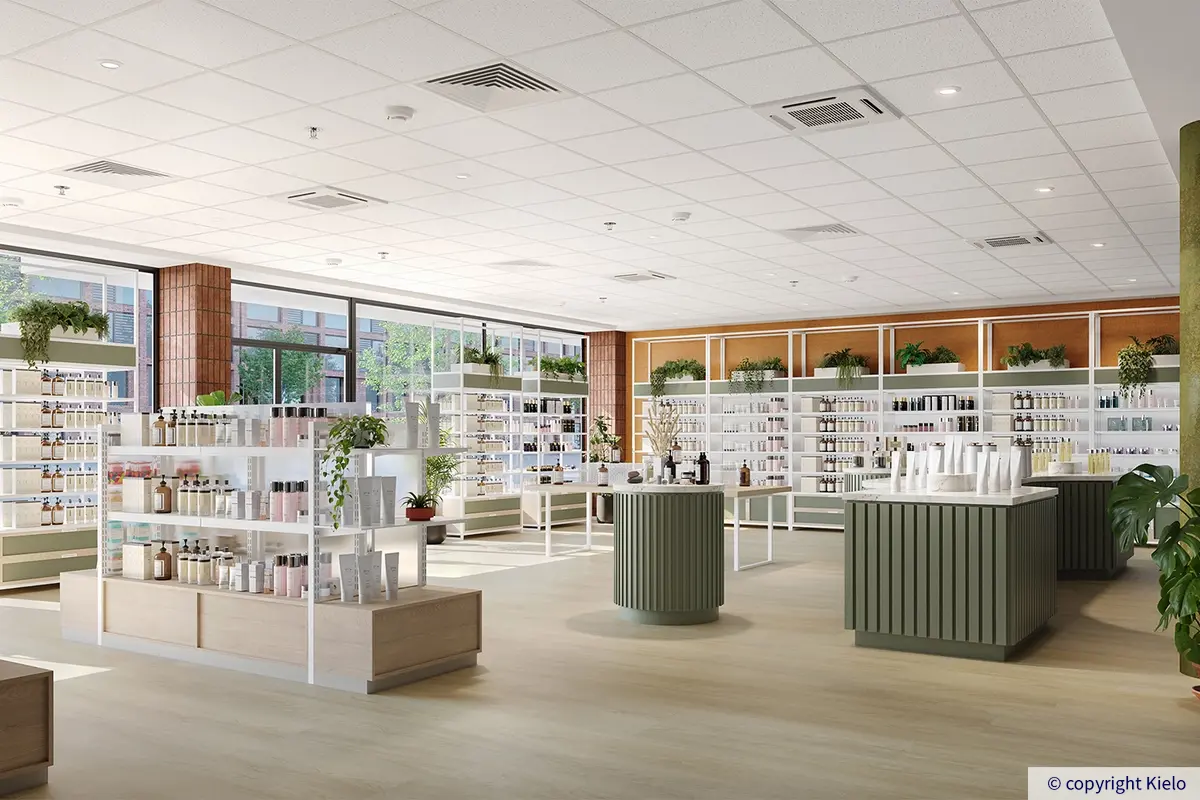 Kauppakaari ensimmäisen kerroksen toimitila visualisointikuvassa. Avoin tila on sisustettu valoisaksi wellness-myymäläksi.