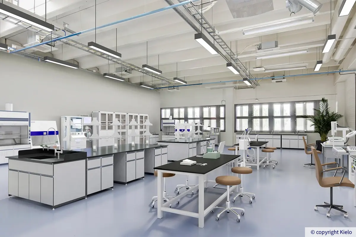 Helsingin Laippatie 1 virtuaalikalustettu kolmannen kerroksen laboratoriotila.