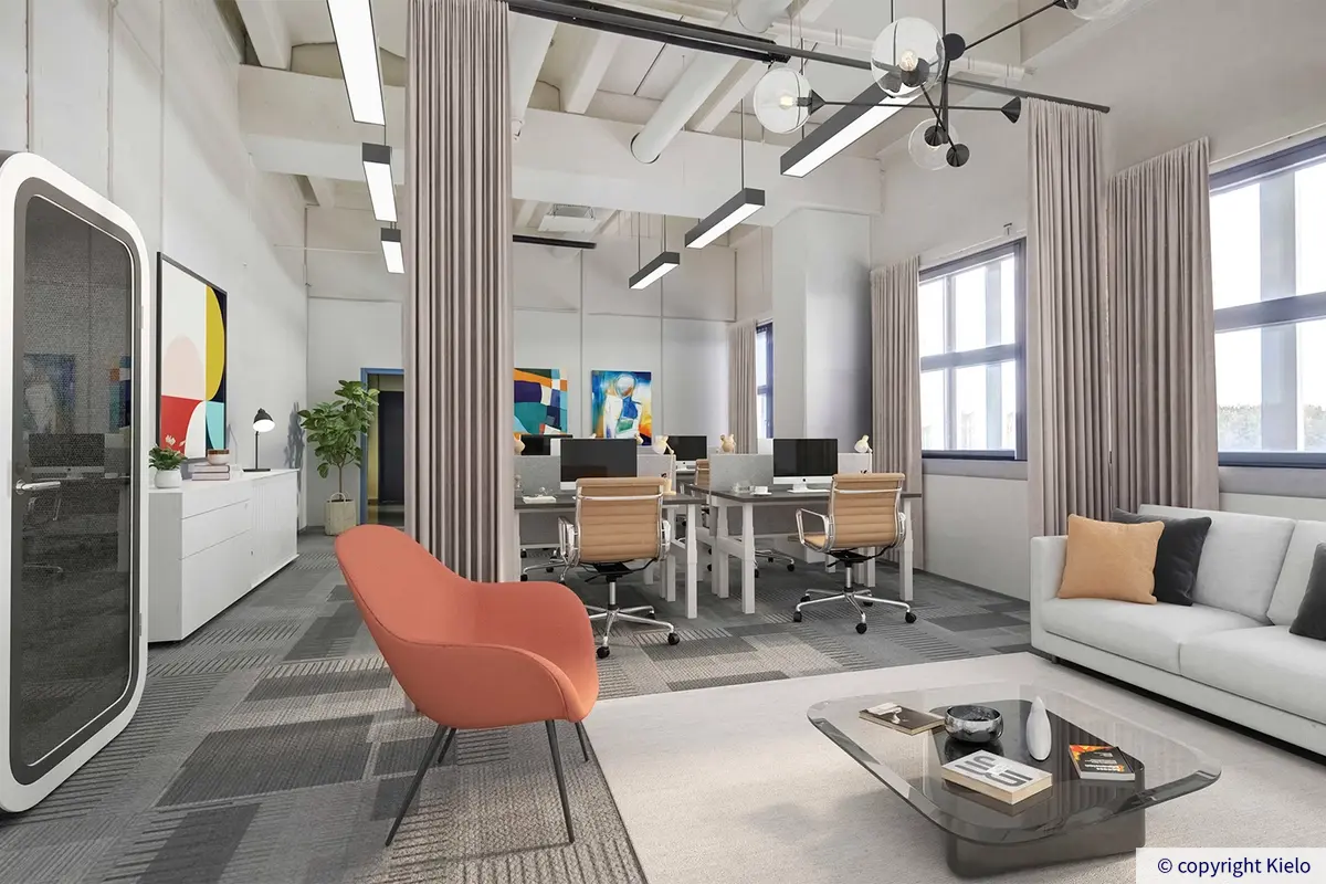 Helsingin Laippatie 1 virtuaalikalustettu kolmannen kerroksen toimistotila, jossa työpisteitä, oleskelualue sekä puhelinkoppi.