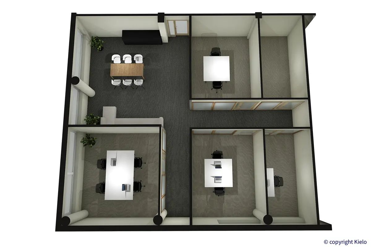 Ohjelmakaari 2-10, Jyväskylä. 2. kerroksen 144 m2 toimitilan visualisointikuva.