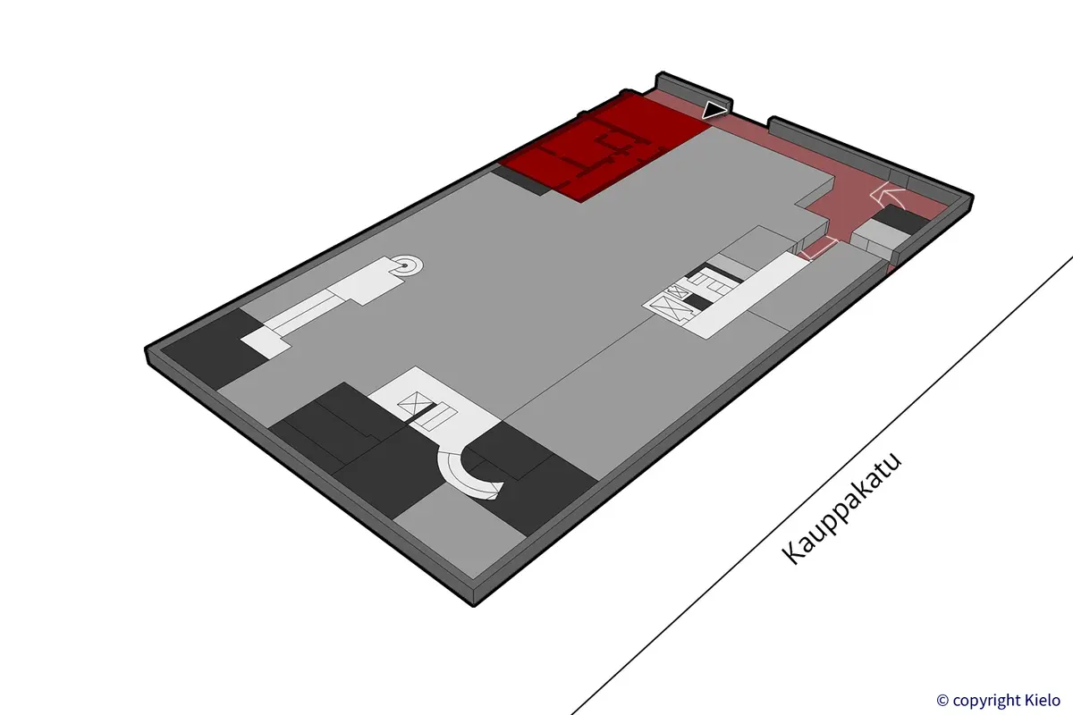 Jyväskylän Kauppakatu 37, kellarikerroksen 210 m2 toimitilan sijaintikuva.