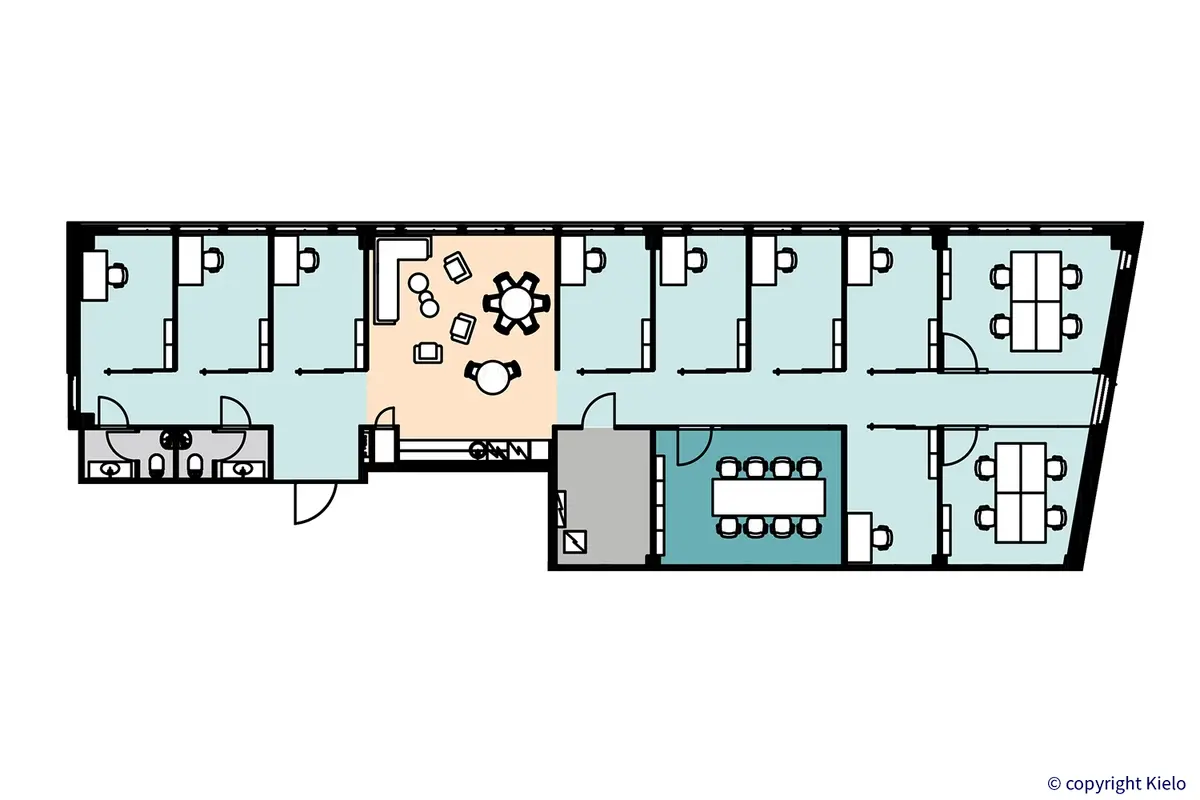 Gate8 Business Park Largo viidennen kerroksen 233 m² toimitilan kalustettu pohjakuva, jossa 16 työpistettä, neuvotteluhuone, keittiö, 2 WC:tä ja varasto.