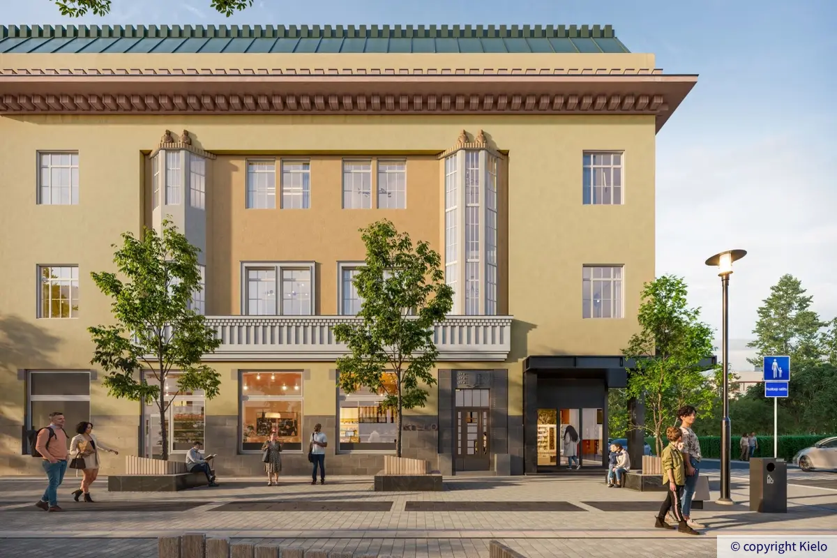 Havainnekuva Jyväskylän Kauppakatu 18 A sijaitsevasta Puistonkulman kiinteistö. Rakennuksen katutasossa liiketiloja.