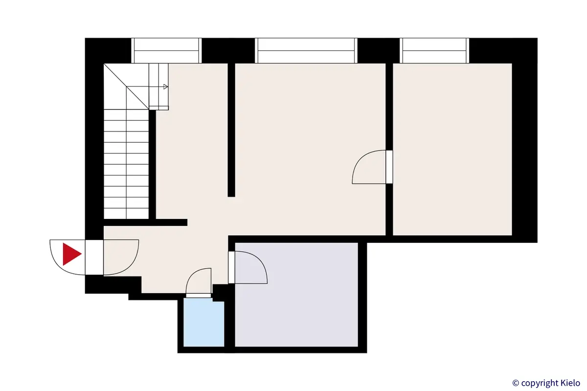 Kauppakatu 18 B, Jyväskylä, 2. kerroksen 56,5 m2 toimitilan pohjakuva.