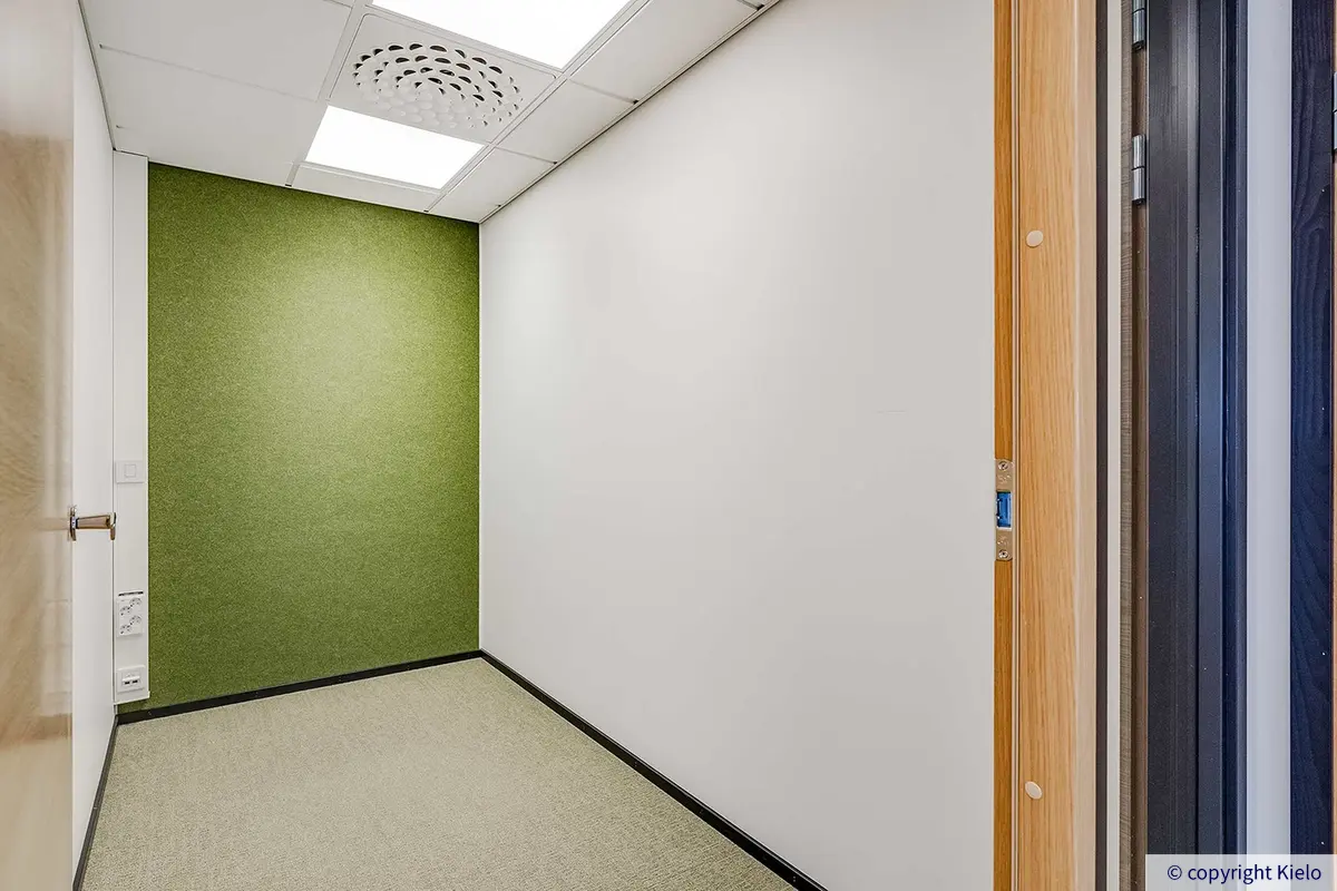 36Hatanpää hiljaisen työn huone, päätyseinä tapetoitu vihreäksi