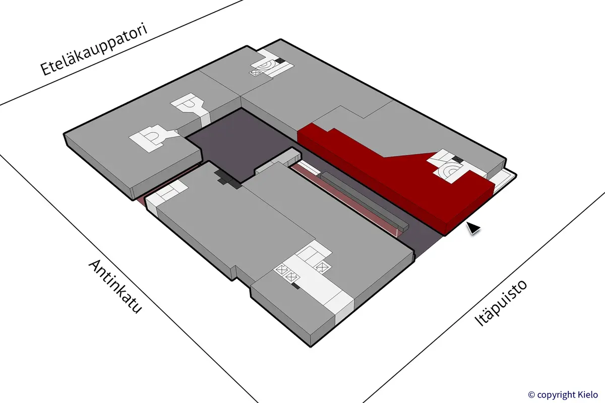 Porin Itäpuisto 7, katutason 275 m2 toimitilan sijaintikuva.