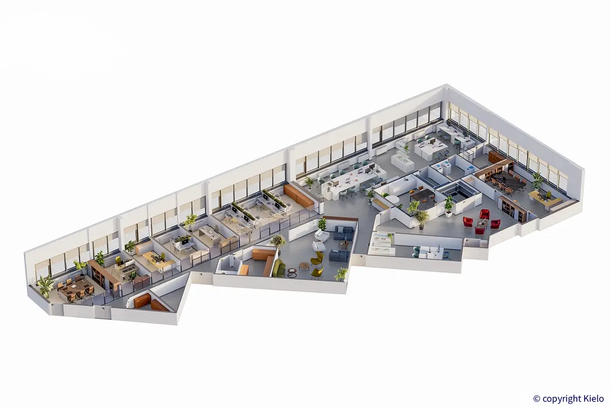 Jyväskylän Mattilanniemi 6-8, 1. kerroksen 471 m2 toimitilan kalustettu pohjakuva.