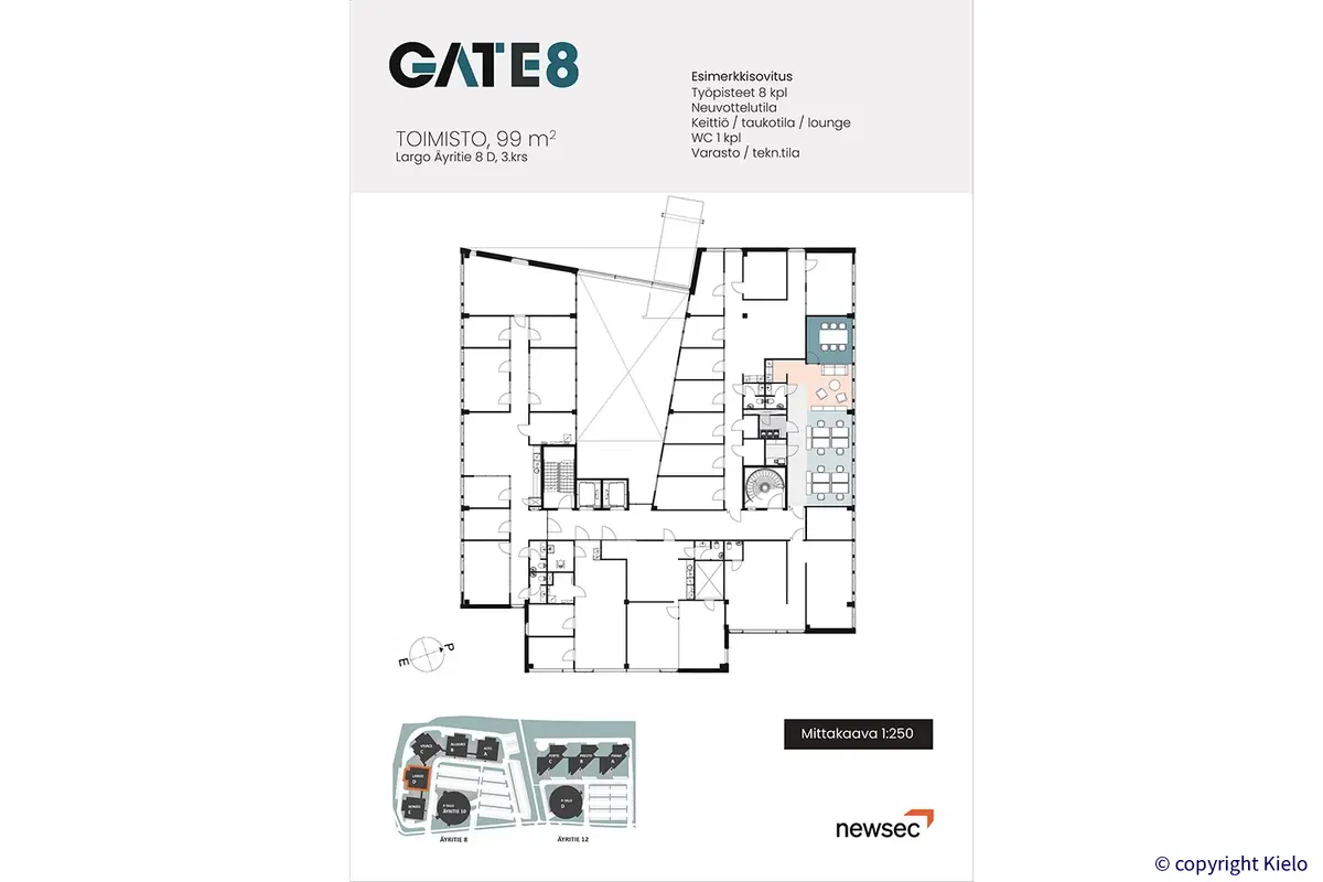 Gate8 Business Park Largon 3. kerroksen 99 m2 toimitilan esite, jossa toimiston kalustettu pohjakuva.