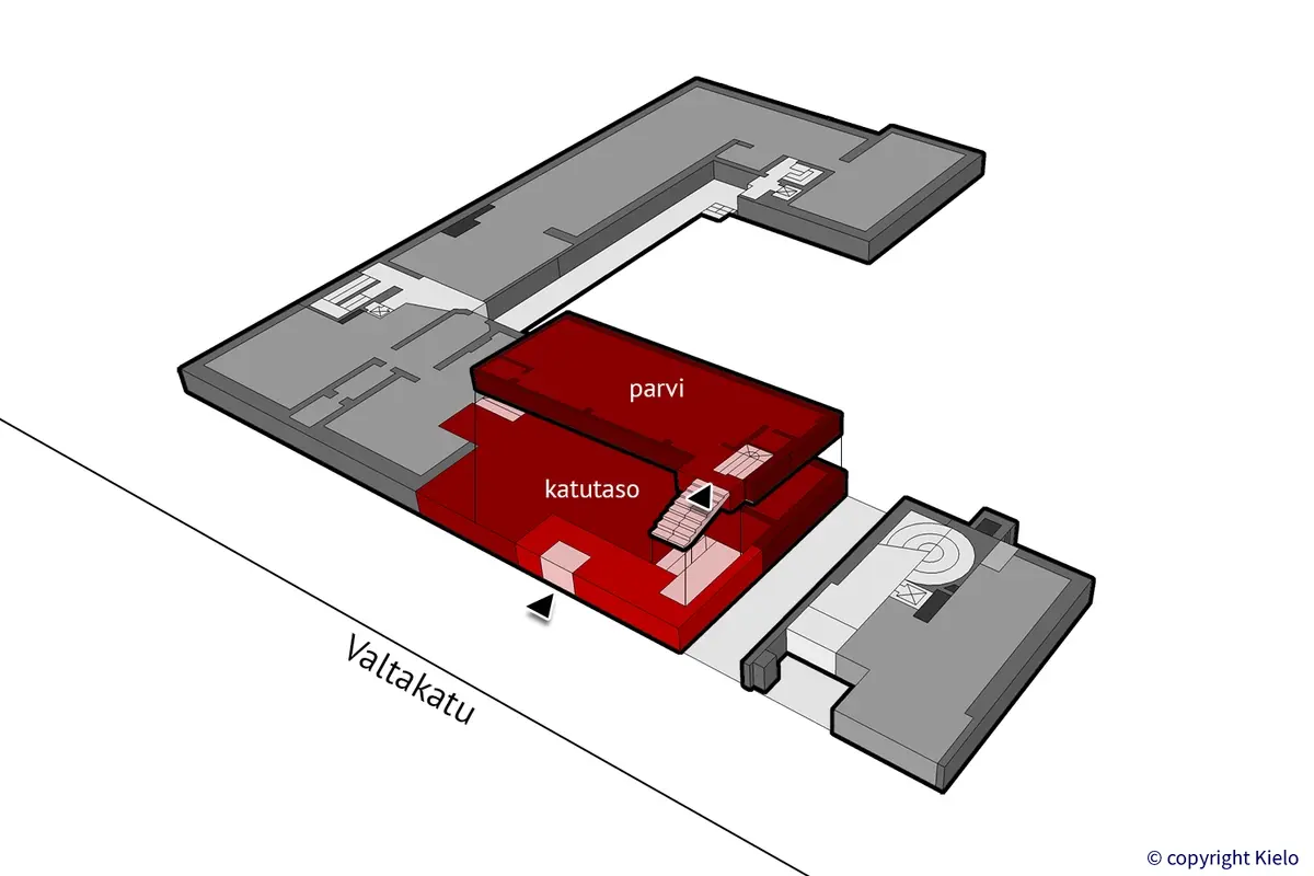 Porin Valtakatu 12, katutason liiketilasta ja parvesta koostuvan 366 m2 toimitilan sijaintikuva.