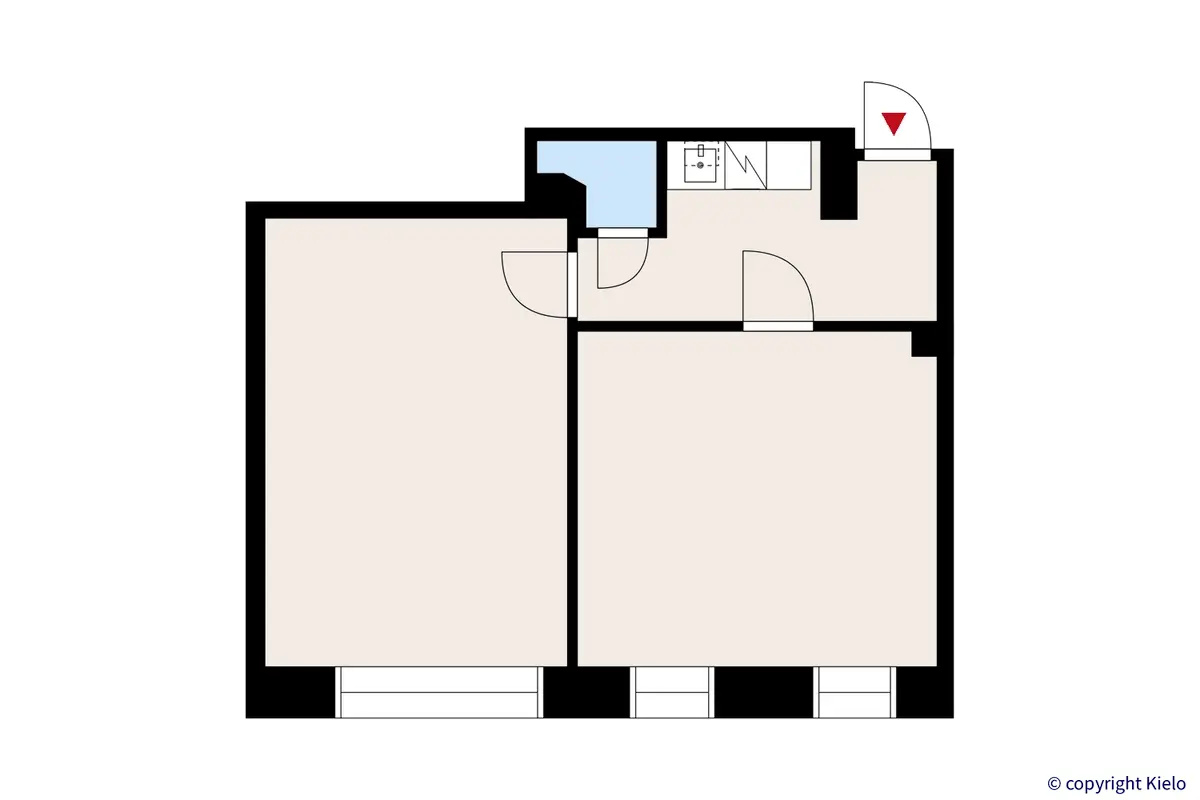 Jyväskylän Kävelykatu 18, 2. kerroksen 49,5 m2 toimitilan pohjakuva.